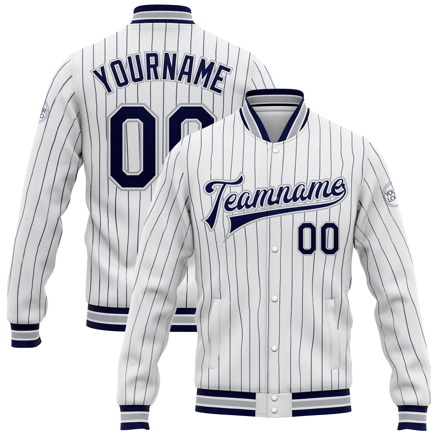 Custom Name Number Personalized Bomber Varsity Letterman Jacket White Navy Gray Pinstripe Full-Snap Style Personalized White
