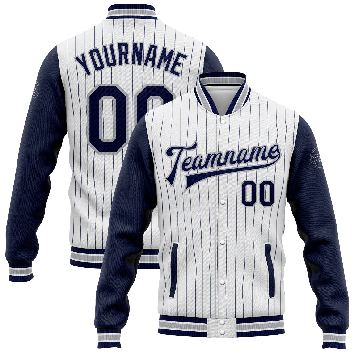 Custom Name and Number Two-Tone Gray Varsity Letterman Bomber Jacket - Personalized White Navy Pinstripe Full-Snap Design