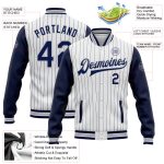 Custom Name and Number Two-Tone Gray Varsity Letterman Bomber Jacket - Personalized White Navy Pinstripe Full-Snap Design