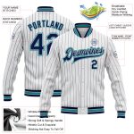 Custom Personalized Varsity Letterman Jacket Full-Snap Bomber in White Navy Pinstripe Gray-Teal with Team Name and Number