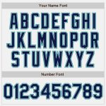 Custom Personalized Varsity Letterman Jacket Full-Snap Bomber in White Navy Pinstripe Gray-Teal with Team Name and Number