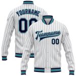 Custom Personalized Varsity Letterman Jacket Full-Snap Bomber in White Navy Pinstripe Gray-Teal with Team Name and Number