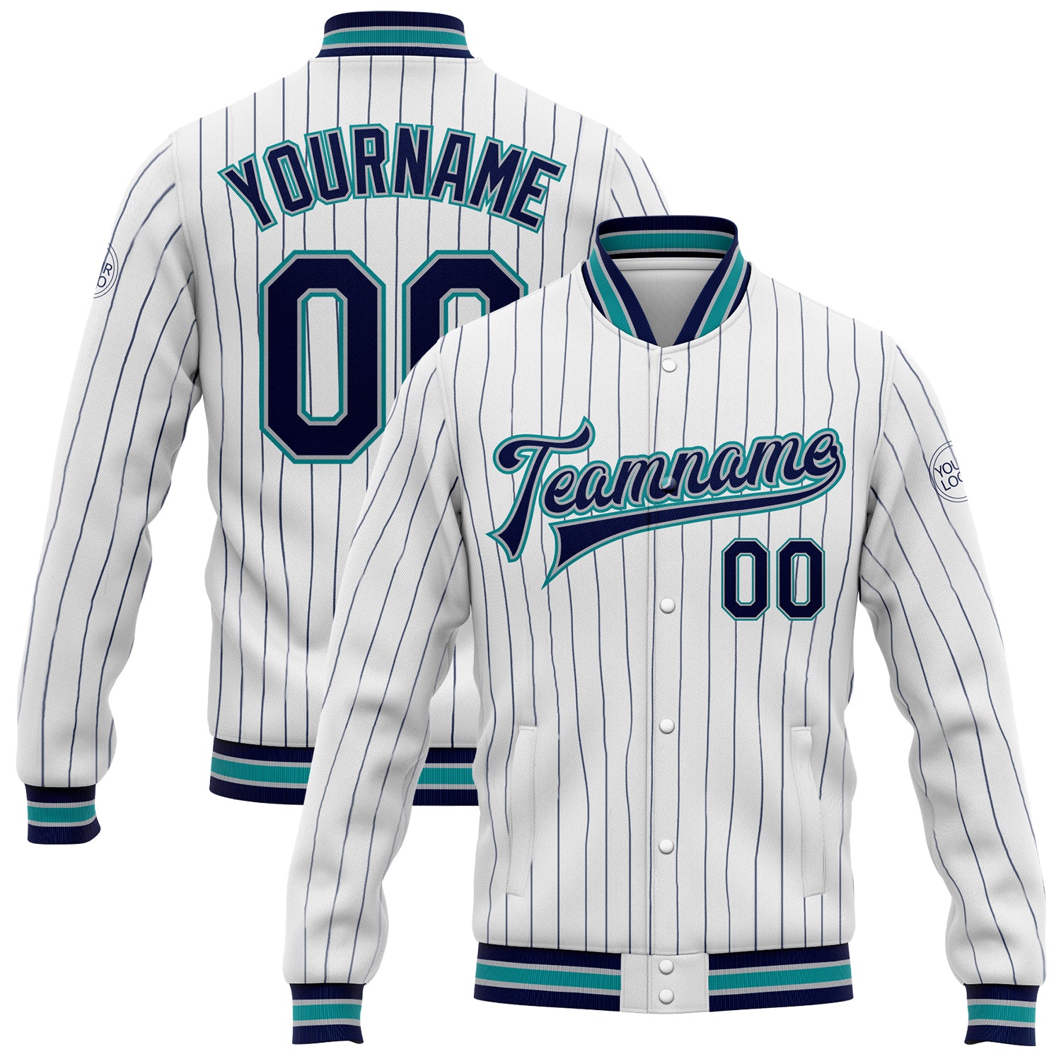 Custom Personalized Varsity Letterman Jacket Full-Snap Bomber in White Navy Pinstripe Gray-Teal with Team Name and Number