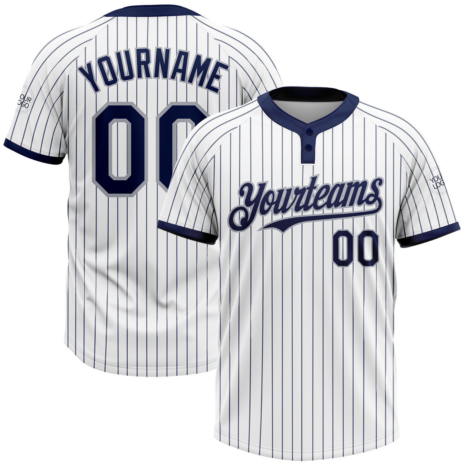 Custom Team Softball Jersey - Personalized Two-Button Unisex Gray White Navy Pinstripe with Name and Number Personalized
