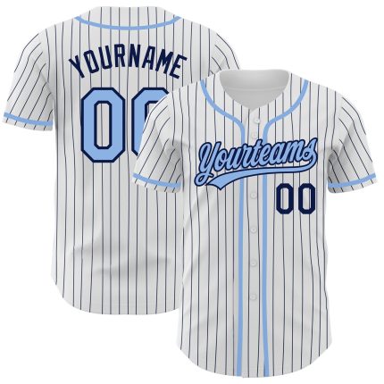 Custom Authentic Baseball Jersey with Personalized Name and Number - White Navy Pinstripe Light Blue Personalized White Navy