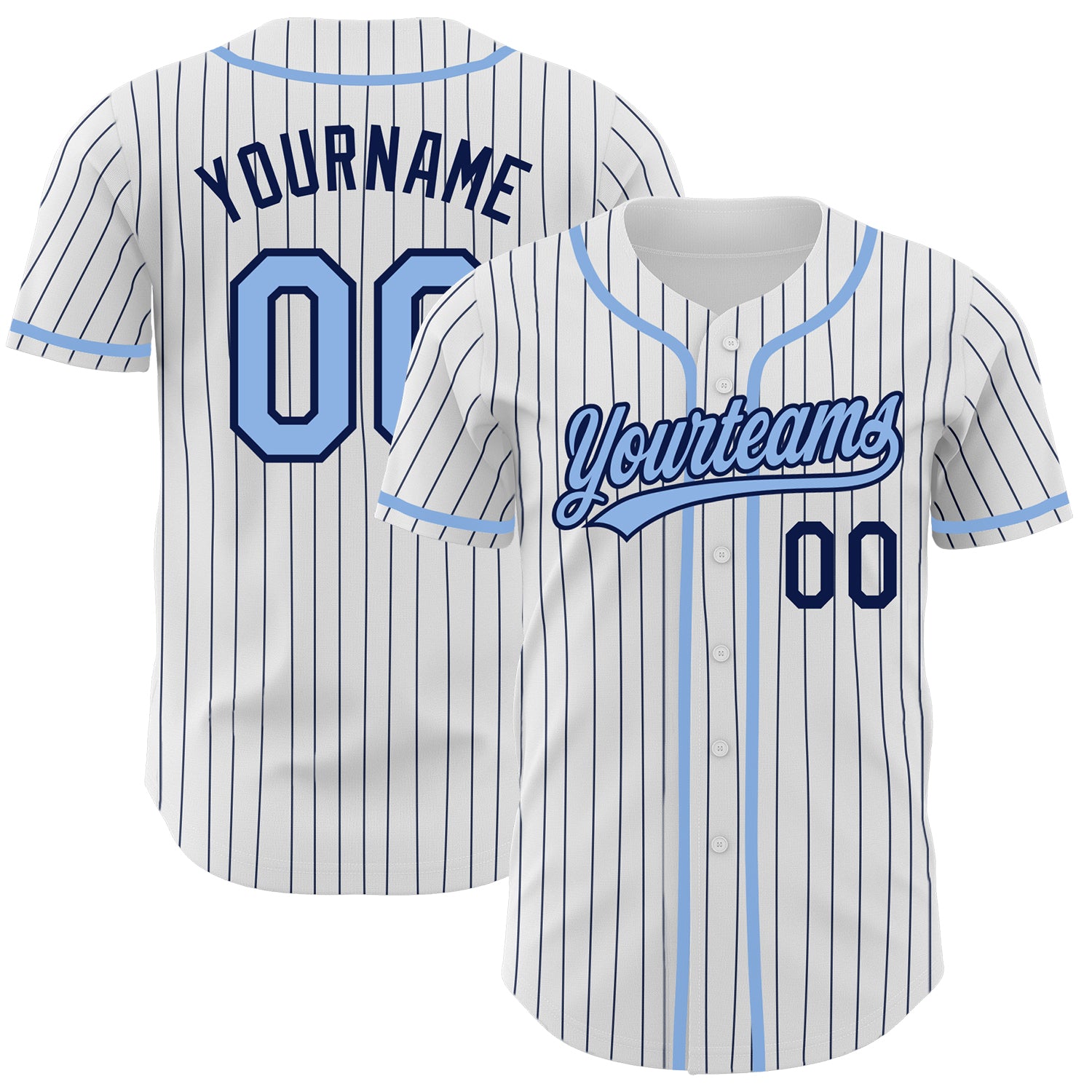 Custom Authentic Baseball Jersey with Personalized Name and Number - White Navy Pinstripe Light Blue Personalized White Navy