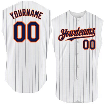 Custom Name & Number Personalized Baseball Jersey - Authentic Sleeveless White Navy Pinstripe Light Blue Personalized White