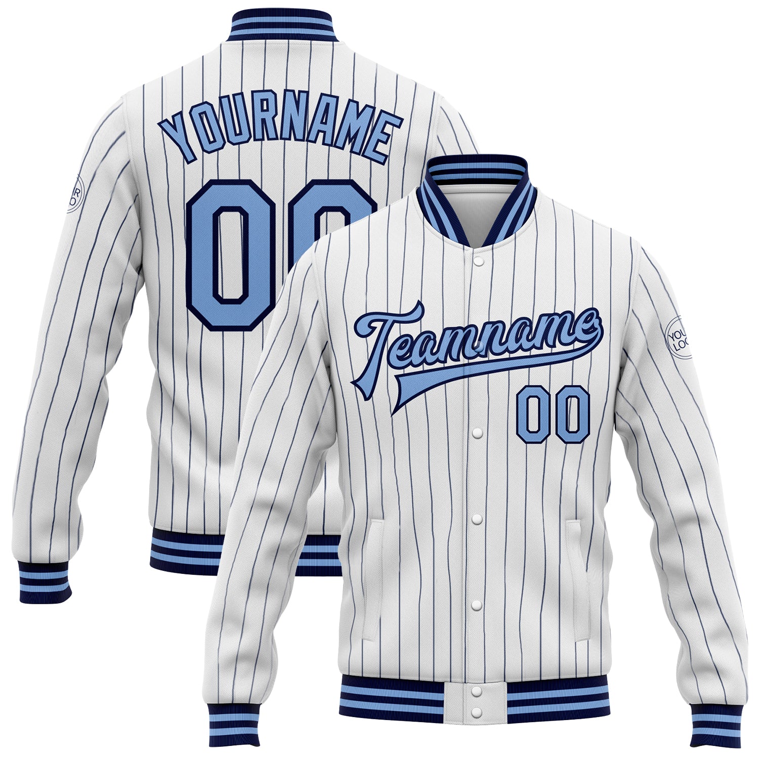 Custom Name Number Varsity Bomber Jacket Light Blue White Navy Pinstripe Full-Snap Personalized Team Jacket Personalized
