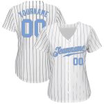 Custom Pinstripe Baseball Jersey - Personalized White Navy Light Blue-Gray with Team Name and Number Personalized White Navy