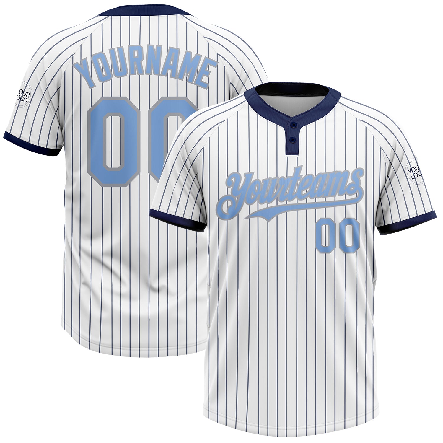 Custom Name and Number Unisex Softball Jersey - Personalized White Navy Pinstripe Light Blue Gray Two-Button Design Personalized