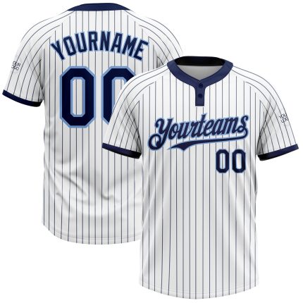 Custom Name Number Unisex Softball Jersey - Personalized White Navy Pinstripe Two-Button Light Blue Personalized White Navy