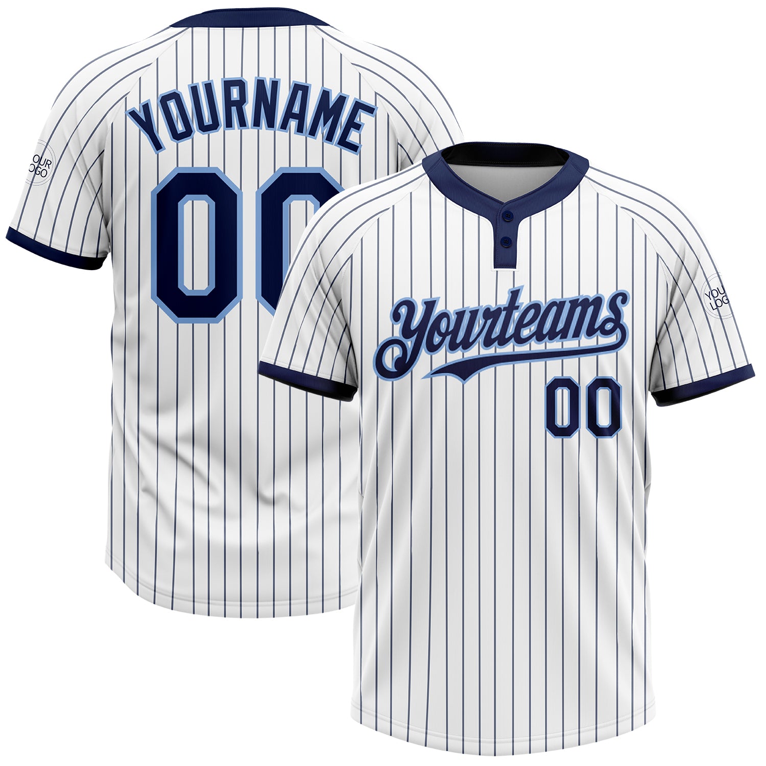 Custom Name Number Unisex Softball Jersey - Personalized White Navy Pinstripe Two-Button Light Blue Personalized White Navy