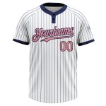 Custom Name and Number Softball Jersey - Personalized Unisex Medium Pink with White Navy Pinstripe, Two-Button Design Personalized