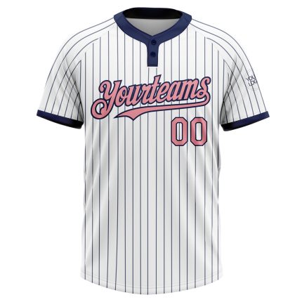 Custom Name and Number Softball Jersey - Personalized Unisex Medium Pink with White Navy Pinstripe, Two-Button Design Personalized