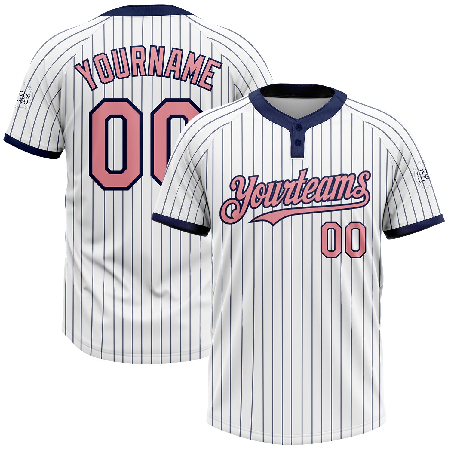 Custom Name and Number Softball Jersey - Personalized Unisex Medium Pink with White Navy Pinstripe, Two-Button Design Personalized
