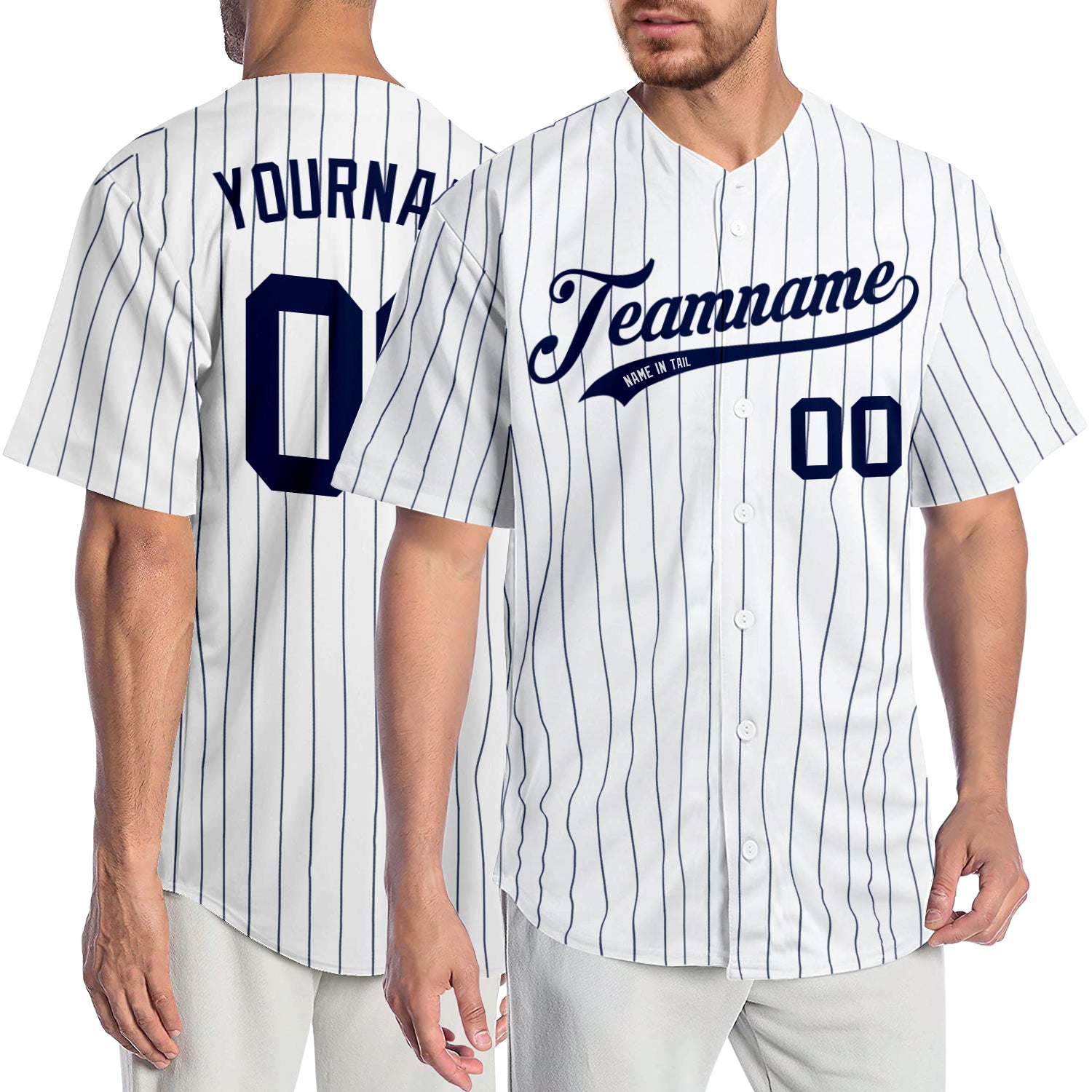 Personalized Navy Pinstripe Baseball Jersey for Men - Authentic White Design Personalized White Navy Pinstripe Navy Authentic