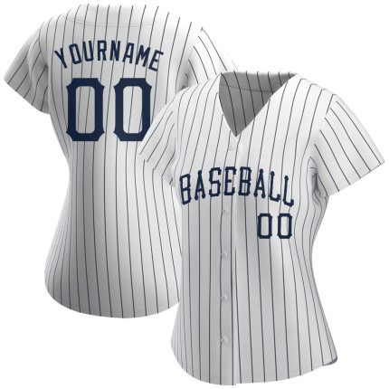 Custom Name and Number Personalized Authentic Baseball Jersey - White Navy Pinstripe Design Personalized White Navy Pinstripe