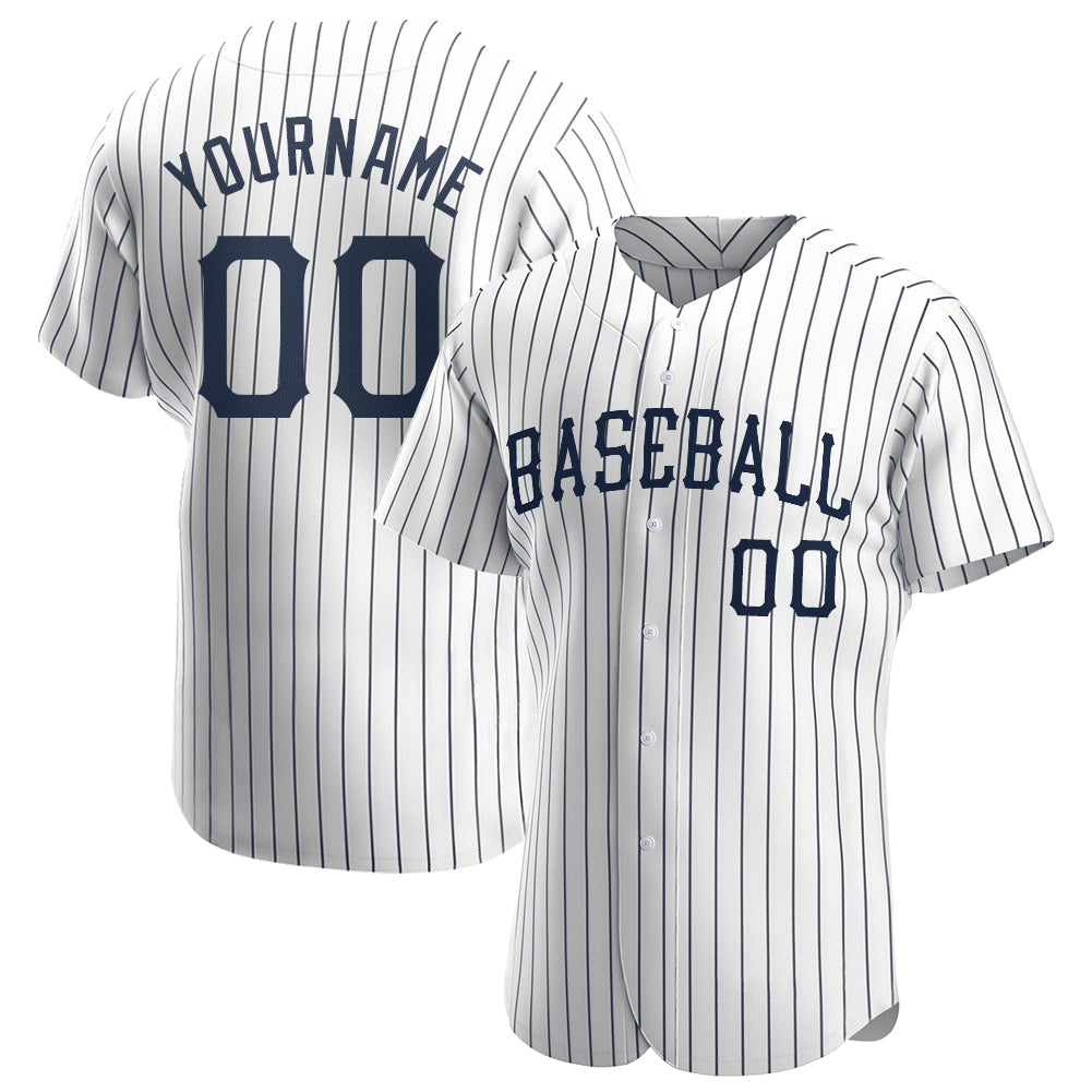 Custom Name and Number Personalized Authentic Baseball Jersey - White Navy Pinstripe Design Personalized White Navy Pinstripe