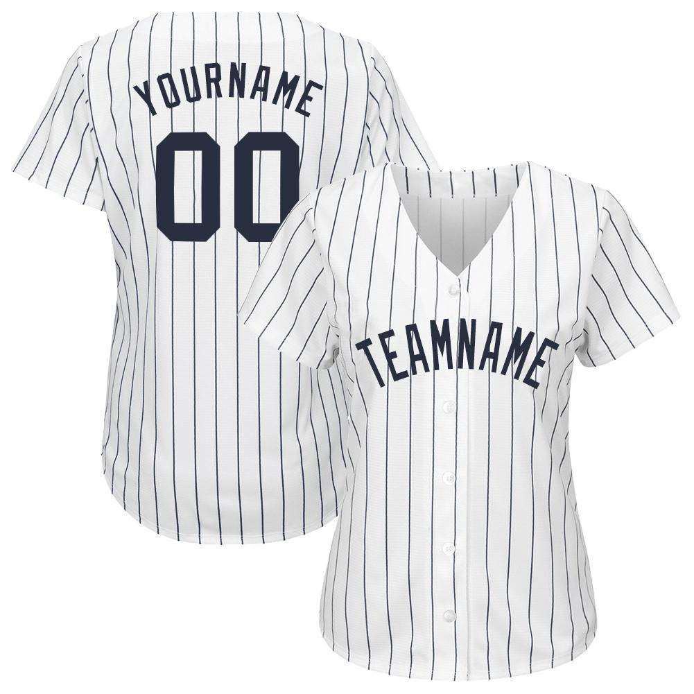 Custom Name and Number Personalized Navy and White Pinstripe Baseball Jersey - Team Apparel Personalized White Navy Pinstripe