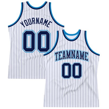Custom Name and Number Basketball Jersey - Personalized Navy Blue White Pinstripe Authentic Team Gear Personalized White