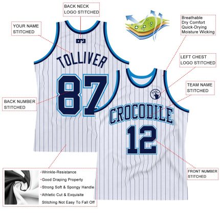Custom Name and Number Basketball Jersey - Personalized Navy Blue White Pinstripe Authentic Team Gear Personalized White