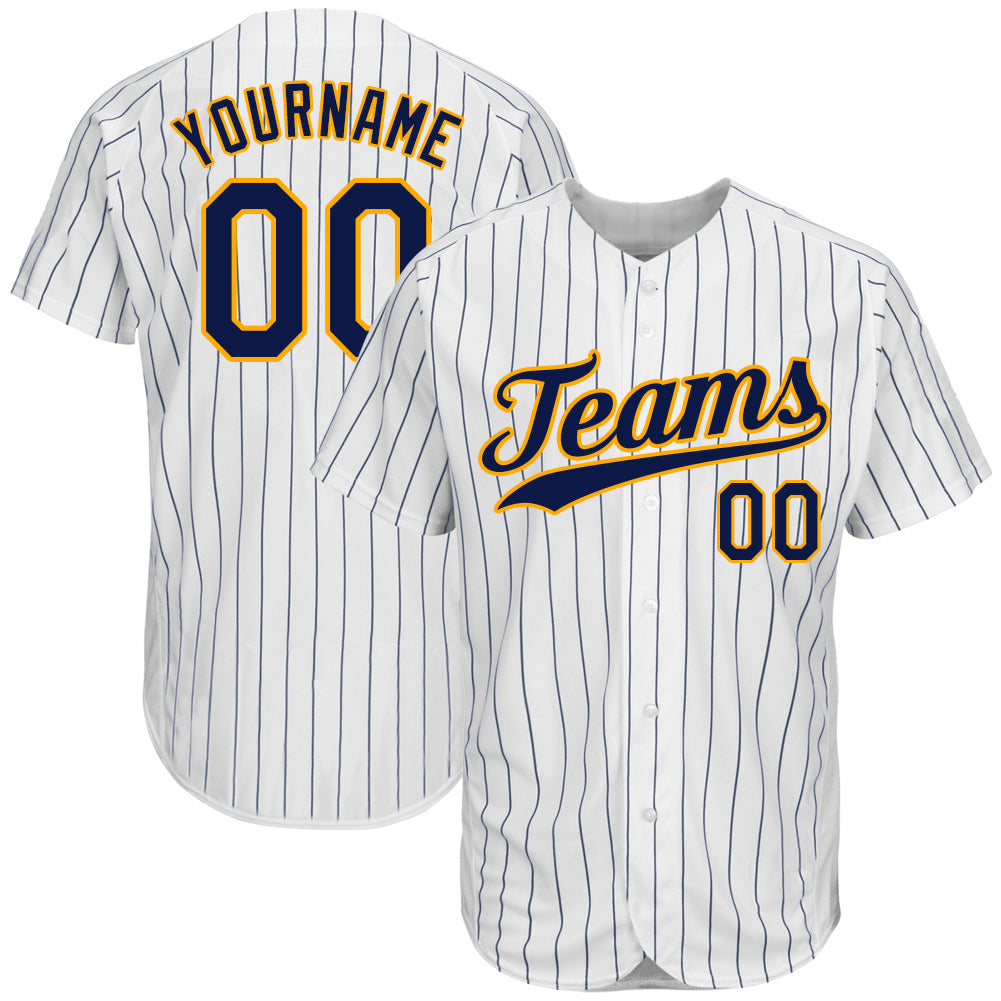Personalized Navy Gold Pinstripe Baseball Jersey - Authentic White Design Personalized White Navy Pinstripe Navy-Gold Authentic