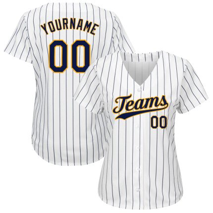 Personalized Navy Gold Pinstripe Baseball Jersey - Authentic White Design Personalized White Navy Pinstripe Navy-Gold Authentic