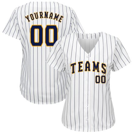 Personalized Authentic Baseball Jersey - Custom Name & Number - White Navy Pinstripe Navy-Gold Design Personalized White