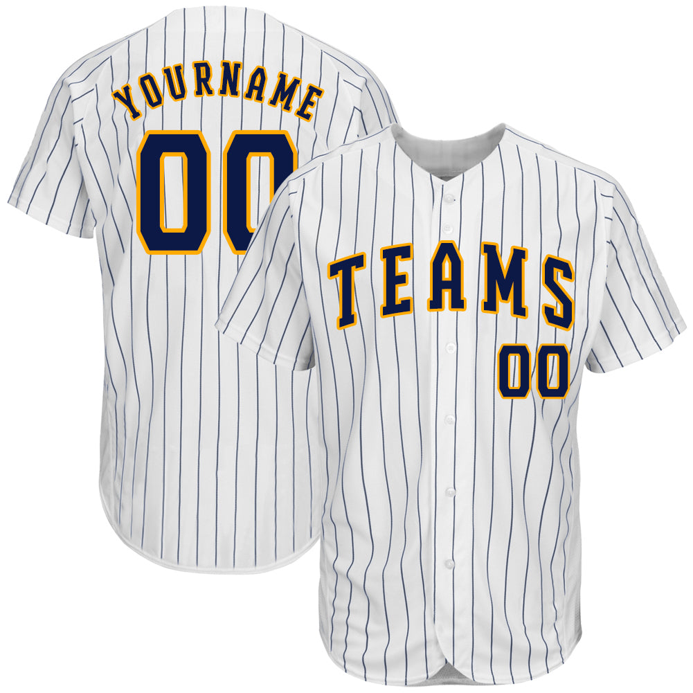 Personalized Authentic Baseball Jersey - Custom Name & Number - White Navy Pinstripe Navy-Gold Design Personalized White