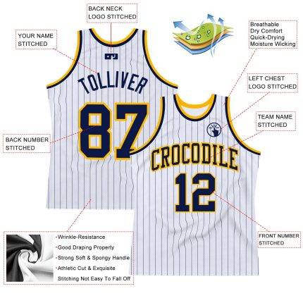 Personalized Navy Gold Basketball Jersey - White Navy Pinstripe Authentic Design Personalized White Navy Pinstripe Navy-Gold