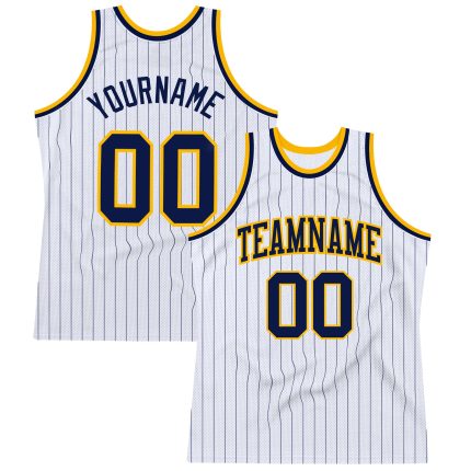 Personalized Navy Gold Basketball Jersey - White Navy Pinstripe Authentic Design Personalized White Navy Pinstripe Navy-Gold