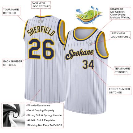 Personalized Navy Gold Basketball Jersey with Custom Name and Number - White Navy Pinstripe Authentic Design Personalized