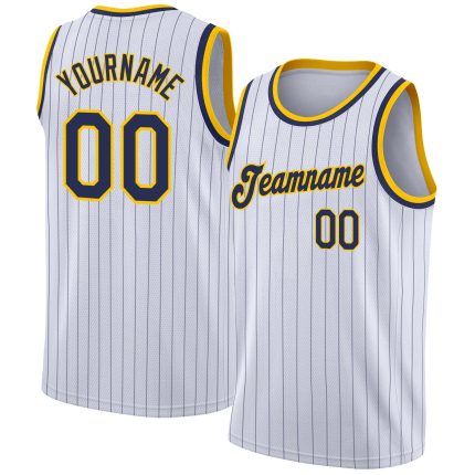 Personalized Navy Gold Basketball Jersey with Custom Name and Number - White Navy Pinstripe Authentic Design Personalized