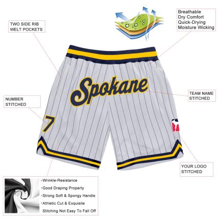Custom Name Number Basketball Shorts Personalized White Navy Pinstripe Authentic Gold Team Gear Personalized White Navy Pinstripe