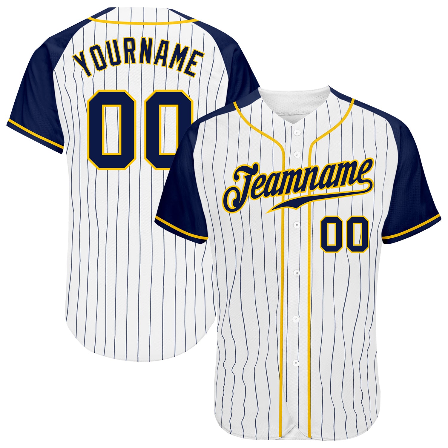 Customizable Navy Gold Pinstripe Baseball Jersey with Personalized Name & Number - Authentic Raglan Sleeves Personalized