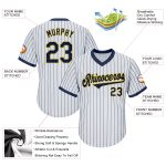 Personalized Navy-Gold Authentic Pinstripe Baseball Jersey Shirt with Custom Name and Number - Rib-Knit Throwback Design