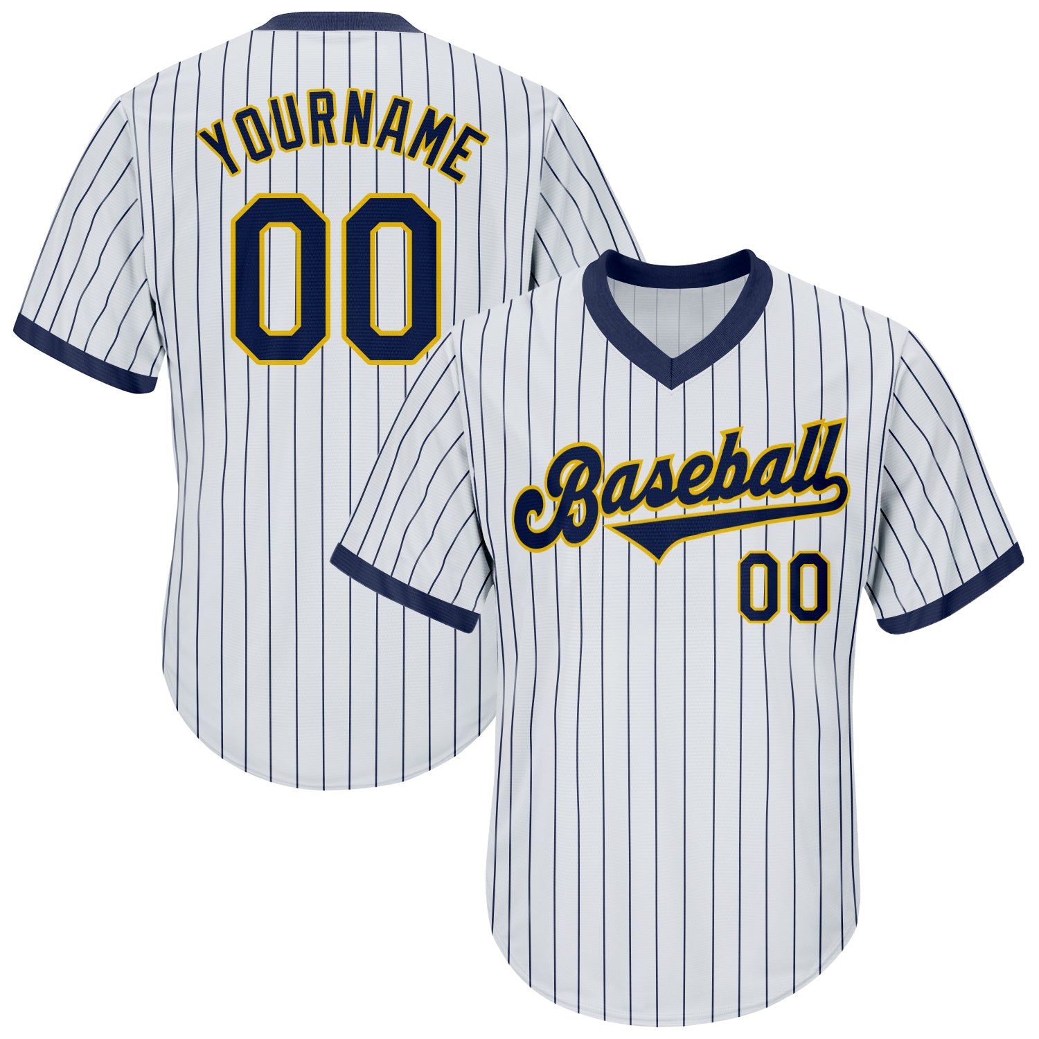 Personalized Navy-Gold Authentic Pinstripe Baseball Jersey Shirt with Custom Name and Number - Rib-Knit Throwback Design