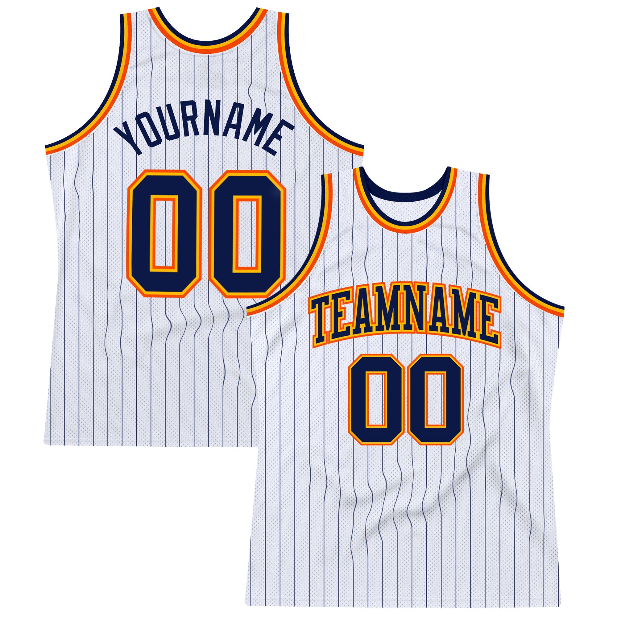 Custom Personalized Basketball Jersey - White Navy Pinstripe with Gold-Orange, Team Name and Number Personalized White Navy