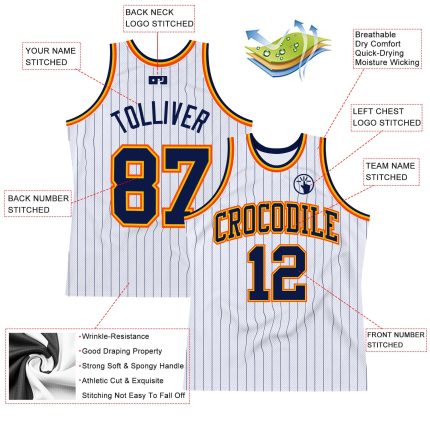Custom Personalized Basketball Jersey - White Navy Pinstripe with Gold-Orange, Team Name and Number Personalized White Navy