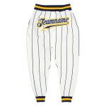 Custom Team Sports Pants with Personalized Name and Number - White Navy Pinstripe Navy Gold Design Personalized White Navy