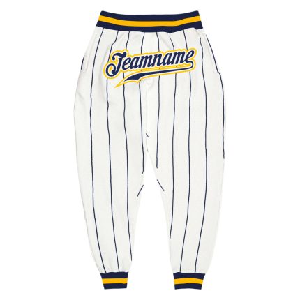 Custom Team Sports Pants with Personalized Name and Number - White Navy Pinstripe Navy Gold Design Personalized White Navy