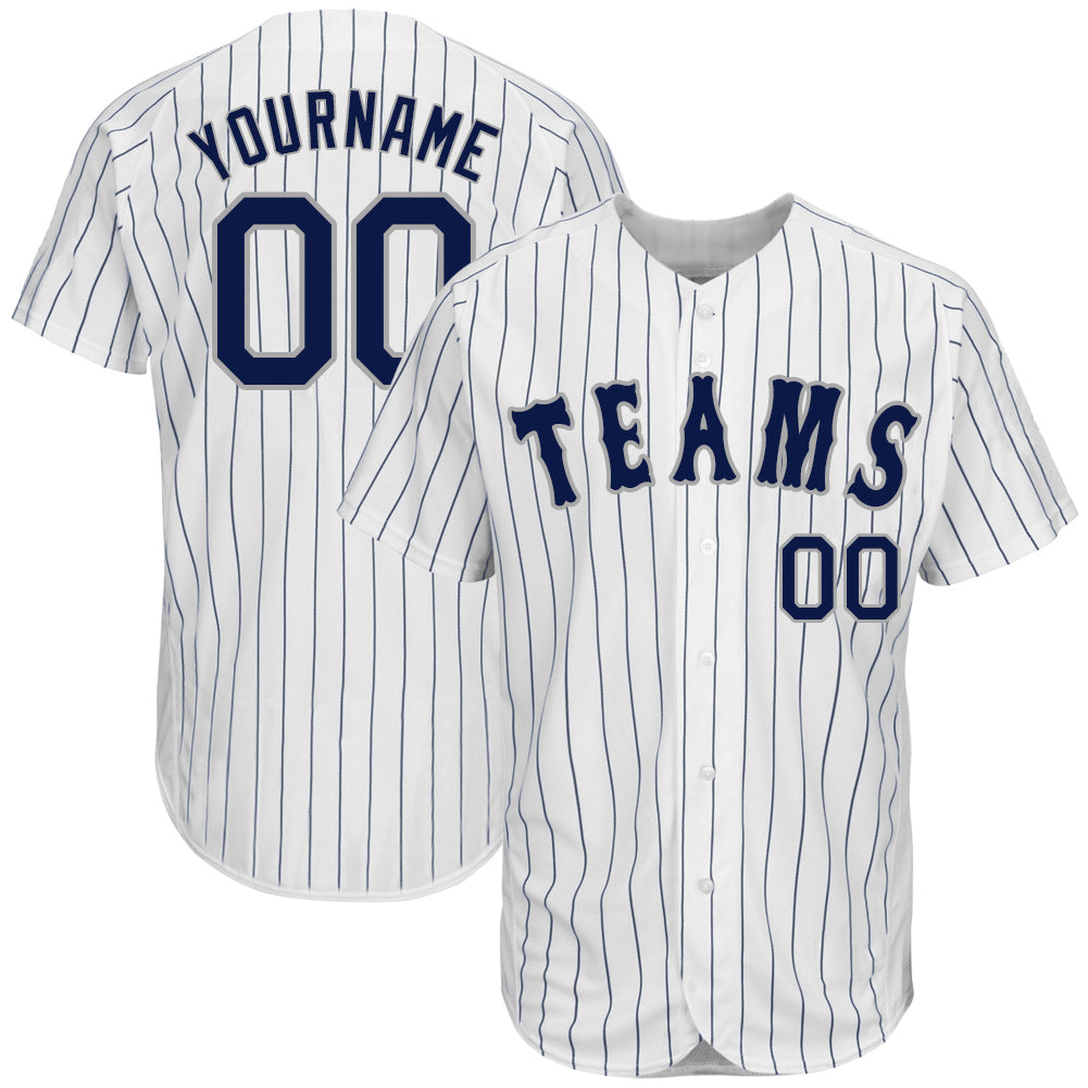 Personalized Navy-Gray Pinstripe Baseball Jersey - Authentic White Navy Design Personalized White Navy Pinstripe Navy-Gray
