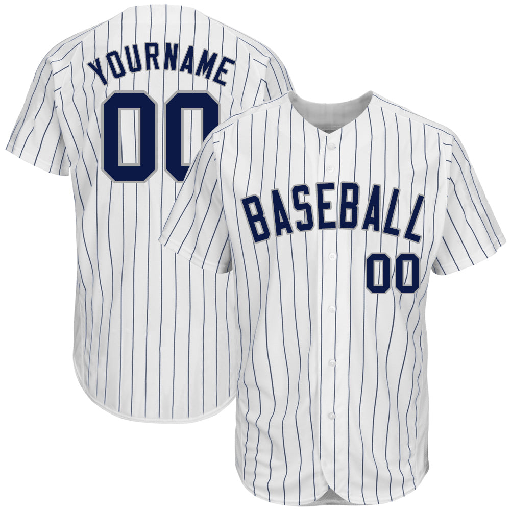Customizable Navy Gray Pinstripe Baseball Jersey with Personalized Name & Number - Authentic Team Apparel Personalized White