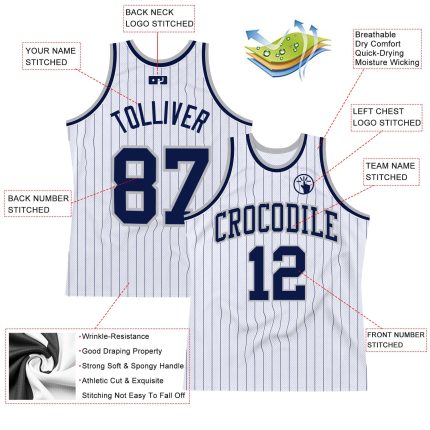 Personalized Navy-Gray Authentic Basketball Jersey - White Navy Pinstripe Design Personalized White Navy Pinstripe Navy-Gray