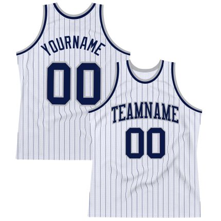 Personalized Navy-Gray Authentic Basketball Jersey - White Navy Pinstripe Design Personalized White Navy Pinstripe Navy-Gray