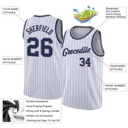 Custom Name and Number Basketball Jersey - Personalized White Navy Pinstripe Gray Authentic Jersey Personalized White Navy
