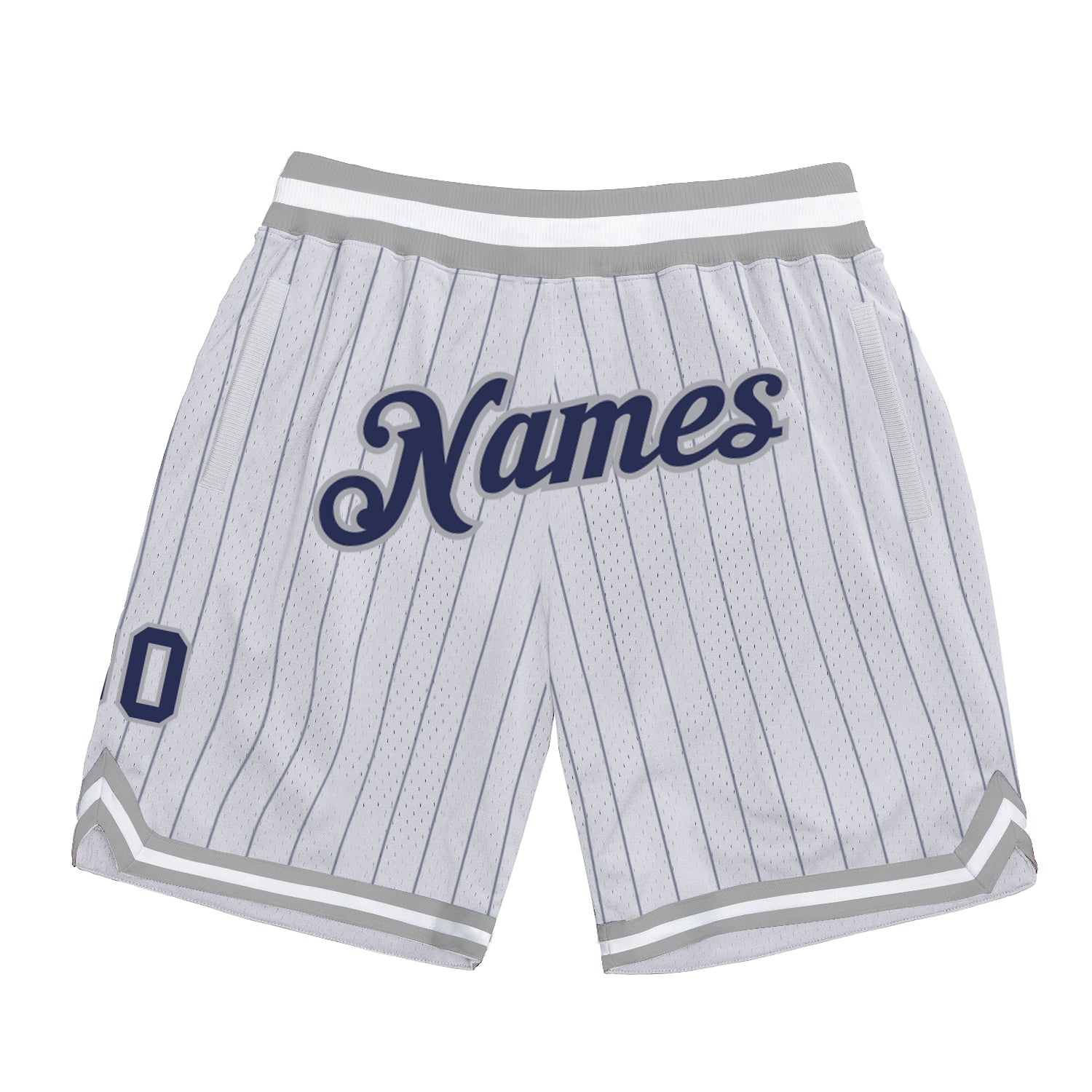 Custom Name Number Navy Gray Basketball Shorts Personalized White Navy Pinstripe Authentic Team Apparel Personalized White