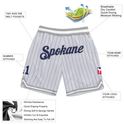 Custom Name Number Navy Gray Basketball Shorts Personalized White Navy Pinstripe Authentic Team Apparel Personalized White