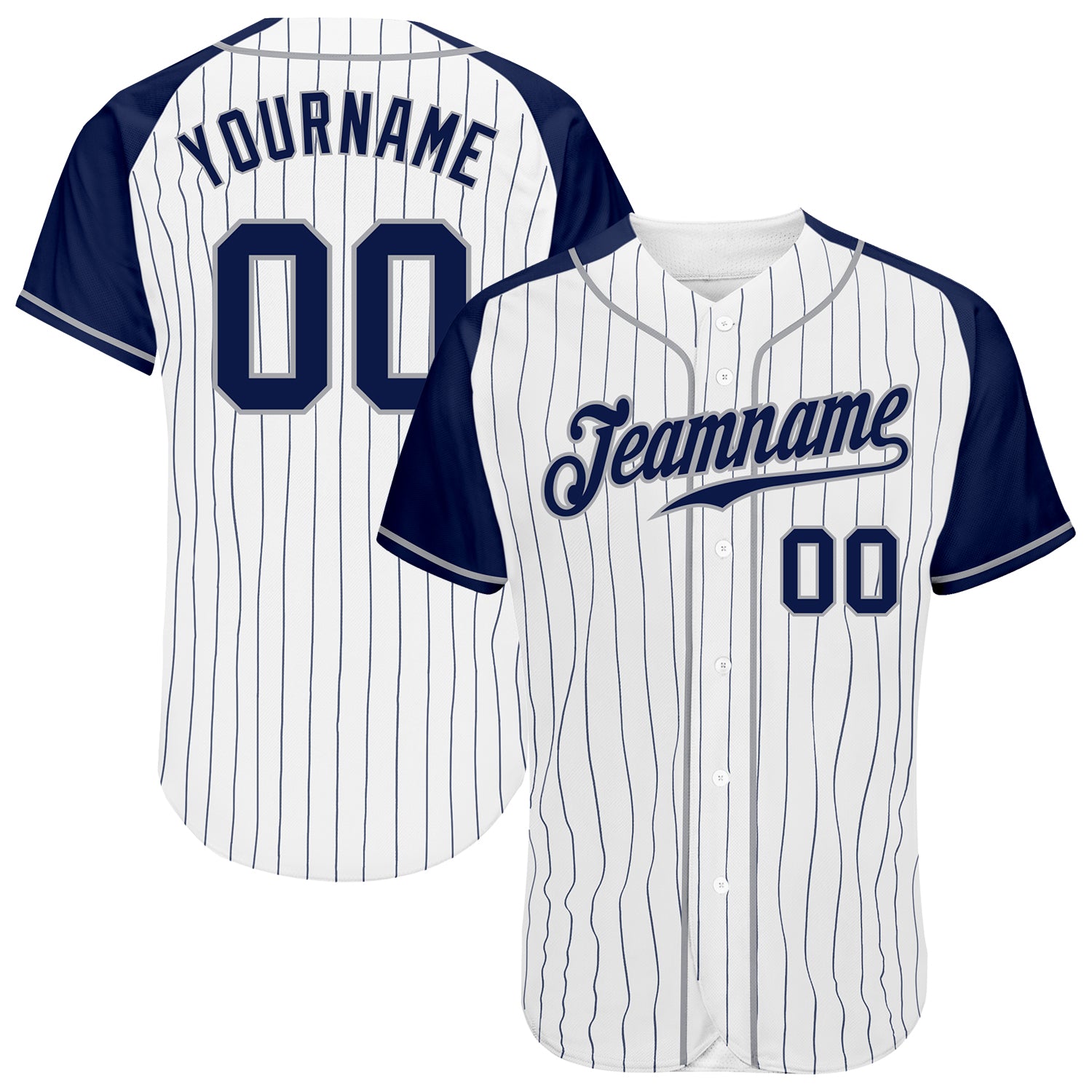 Personalized Custom Name Number Navy Gray Pinstripe Baseball Jersey with Raglan Sleeves - Team Authentic Personalized White