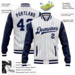 Customizable Navy Gray Two-Tone Pinstripe Varsity Letterman Full-Snap Bomber Jacket with Personalized Name & Number Personalized